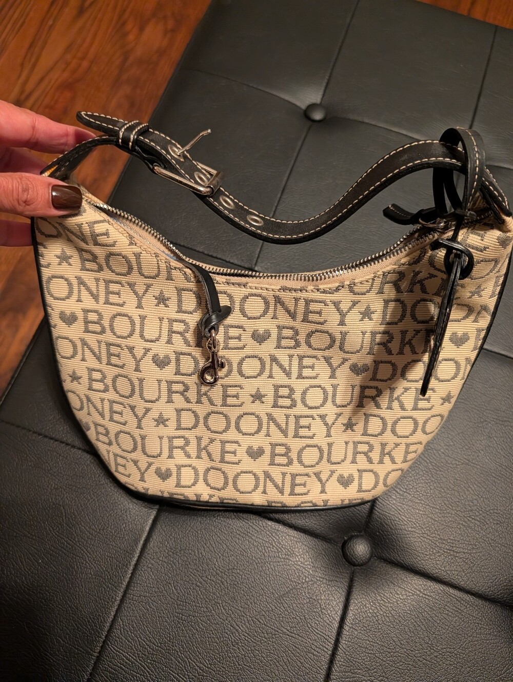 Dooney & Bourke Beige Logo Canvas Shoulder Bag with Black Trim